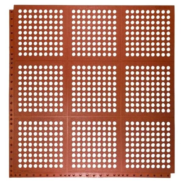 An Interlocking Catering Mat in brown features a grid of evenly spaced round holes and is divided into nine square sections by thin raised lines.