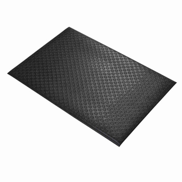 A rectangular Circular Stud Anti-Fatigue Mat in black rubber, featuring a raised circular pattern, is shown on a white background.