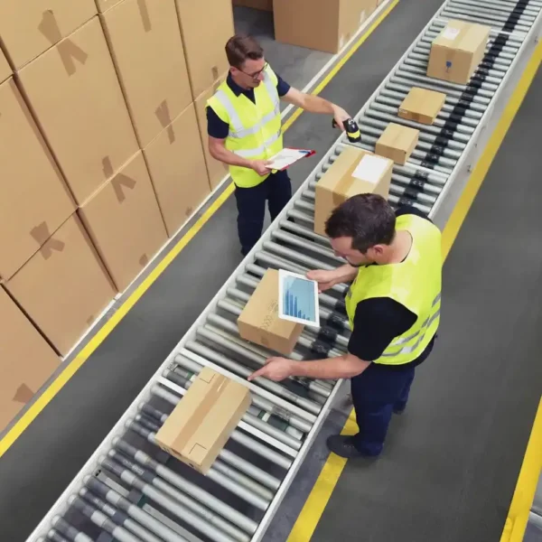 Two workers in yellow safety vests scan boxes on a conveyor belt in a warehouse, surrounded by stacks of cardboard boxes, whilst standing on Standard Anti-Fatigue Mats.