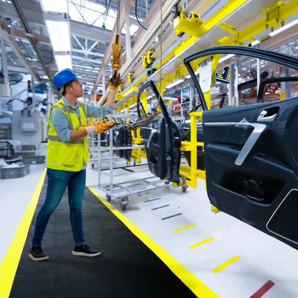 A worker in a blue hard hat and yellow safety vest stands on a Standard Anti-Fatigue Mat whilst operating machinery to fit car doors on a vehicle assembly line in a modern factory.