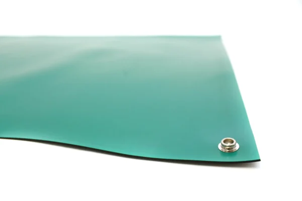 A close-up of Conductive Rubber Bench Matting in green with a metal eyelet in the corner, displayed on a white background.