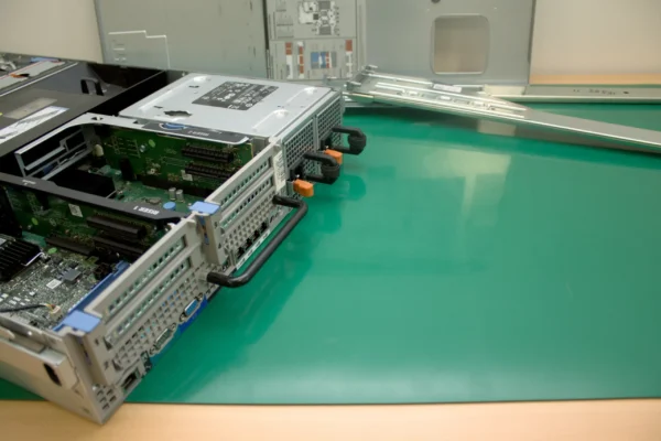 A partially disassembled server rests on Conductive Rubber Bench Matting, exposing its metal casing and components, with server rails placed alongside on the green mat.