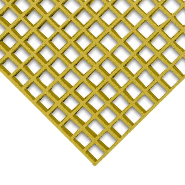 Close-up of the Open Top Grating, a yellow fibreglass panel with a grid of evenly spaced square openings, shown on a white background and focused on one corner.