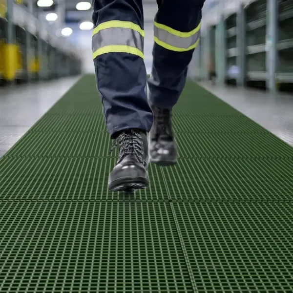 A person in dark work trousers with reflective stripes and black boots walks on Open Top Grating, a green anti-slip mat, in an industrial warehouse with shelves visible in the background.