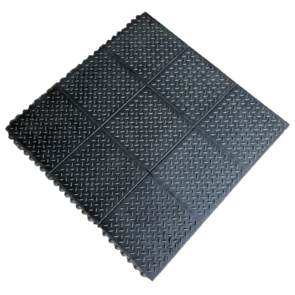 A single Interlocking Chequer Plate Gym Mat in black, featuring a raised chequer plate pattern, shown from above on a white background.