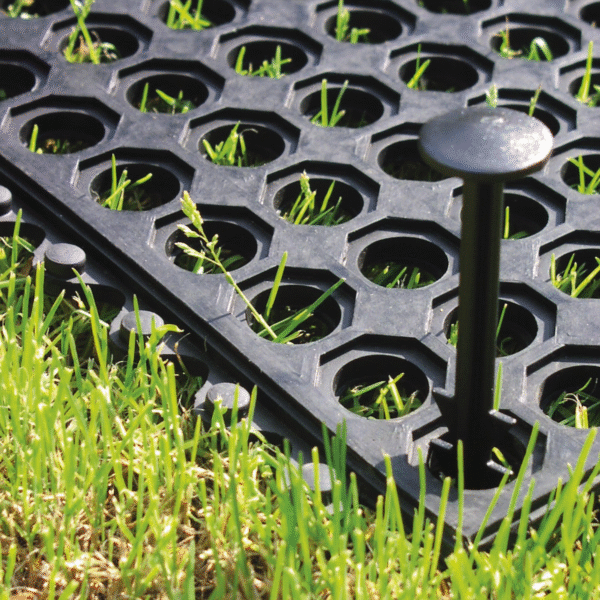 Close-up of an Interlocking Anti-Fatigue Mat with a black fixing peg securing it on grass. The mat features hexagonal openings, allowing green grass to show through.