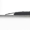 A Premium Anti-Fatigue Mat, thin, black, and flexible, rests slightly curved and elevated at one end on a textured grey surface against a white background.