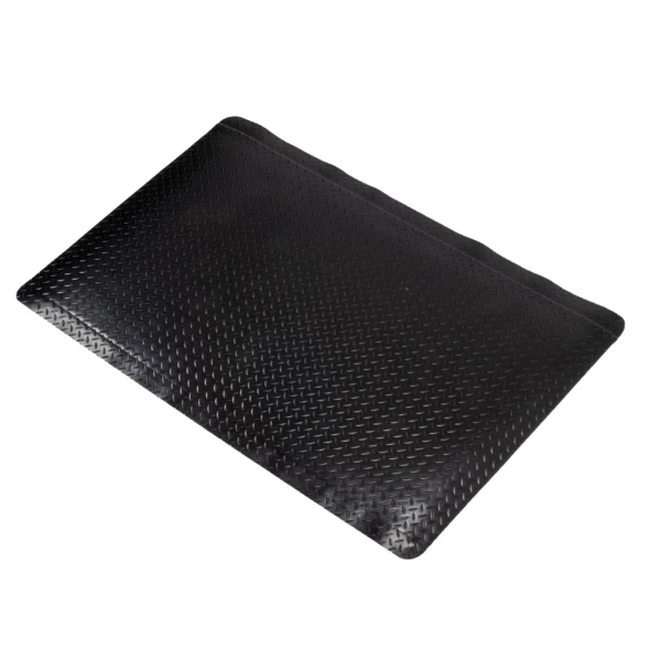 The Anti-Static Deckplate Anti-Fatigue Mat is a black rectangular mat with a diamond plate pattern and bevelled edges, displayed on a white background.