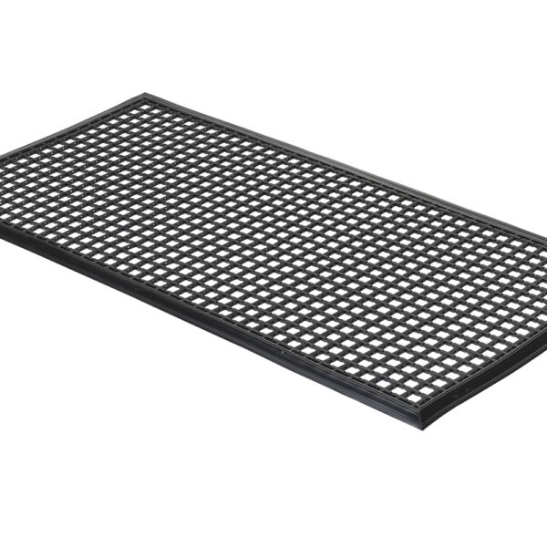 The Cross-Ribbed Entrance Mat is a black rectangular rubber mat featuring a grid-like open lattice pattern and raised edges, shown on a white background.