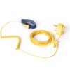 The ESD Bench Mat Earthing Kit includes a yellow coiled cable with a UK plug and two connectors, attached to a blue adjustable fabric wrist strap, all displayed on a white background.