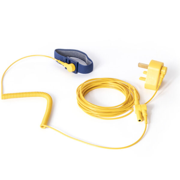 The ESD Bench Mat Earthing Kit includes a yellow coiled cable with a UK plug and two connectors, attached to a blue adjustable fabric wrist strap, all displayed on a white background.