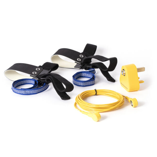 The ESD Floor Mat Grounding Kit includes blue and black wrist or ankle straps, a yellow plug adaptor, and a coiled yellow cable with a metal end, all arranged on a white surface.