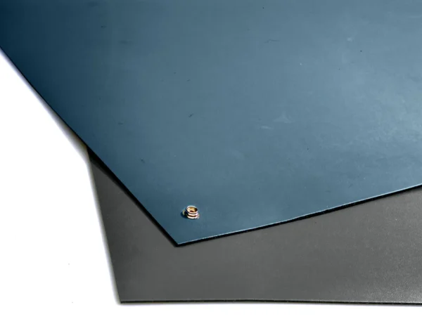 Two ESD Anti-Static Double Layer Sheets—one blue with a metal eyelet in the corner and one grey—are arranged on a white background, with the blue sheet slightly overlapping the grey sheet.