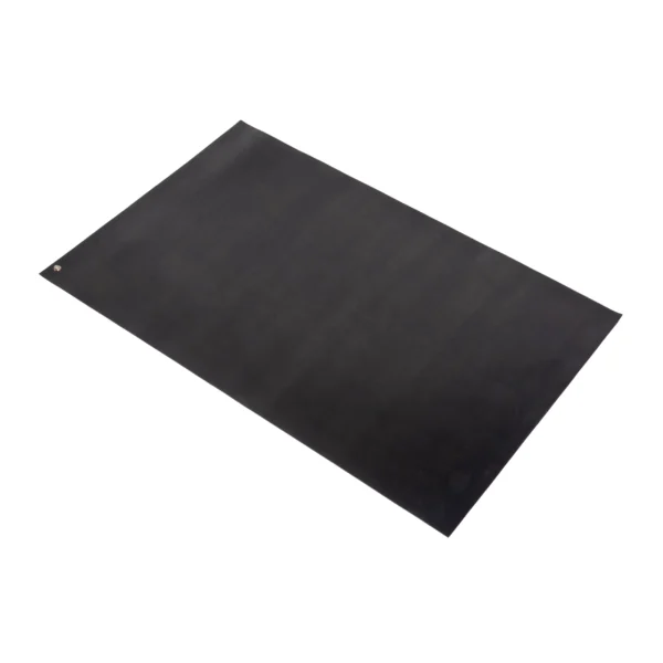 A black ESD Floor Mat is angled on a white background. One corner has a small metal-reinforced hole for hanging or securing. The mat’s surface is smooth and untextured.