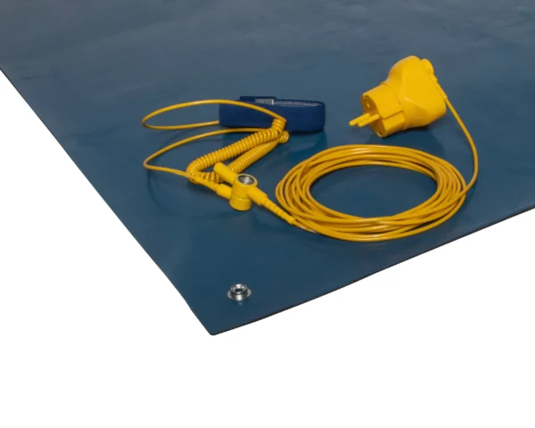 A blue ESD Anti-Static Double Layer Sheet features a yellow earthing cord, a wrist strap, and a yellow earthing plug coiled neatly on top.