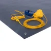 The ESD Anti-Static Double Layer Sheet is grey and includes a yellow earthing cord, yellow plug, blue wrist strap, and features a metal press stud on the corner. All accessories are resting on the mat.