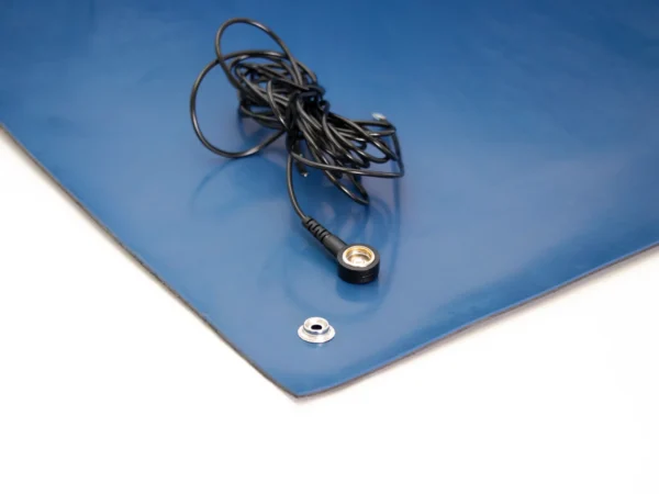 An ESD Anti-Static Double Layer Sheet in blue with a metal snap connector and a black lead featuring a round connector, placed on a white surface.
