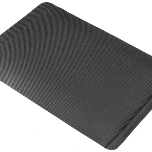 The Fine Ribbed Anti-Fatigue Mat is black, rectangular, with slightly rounded corners and a textured ribbed surface, displayed against a white background.