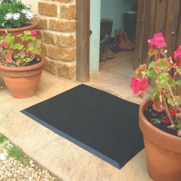 A Flexible Bristle Mat in black is at the entrance, surrounded by terracotta pots with pink and red flowering plants. The door is open, showing shoes on a tiled floor inside.