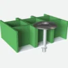 A Fixing Disc with a wide, round metal head is inserted into a green, rectangular, hollow grid-like structure positioned above a white base.