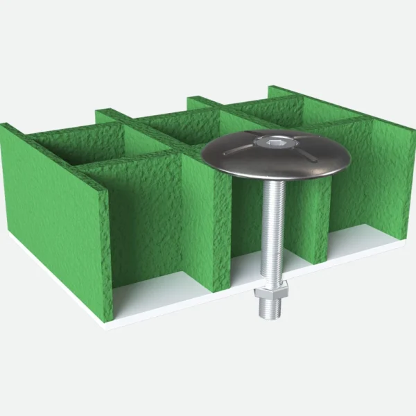A Fixing Disc with a wide, round metal head is inserted into a green, rectangular, hollow grid-like structure positioned above a white base.