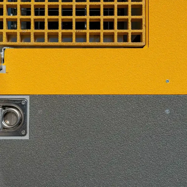 The Anti-Slip Flat Sheet features a yellow and grey textured metal surface with a grid-like yellow vent at the top and a circular metallic component at the bottom left, ideal for industrial or mechanical machine applications.