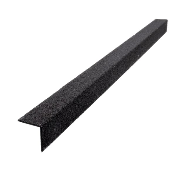 An Anti-Slip Stair Nosing, black and textured with a right-angle L-shape design, is displayed against a white background.