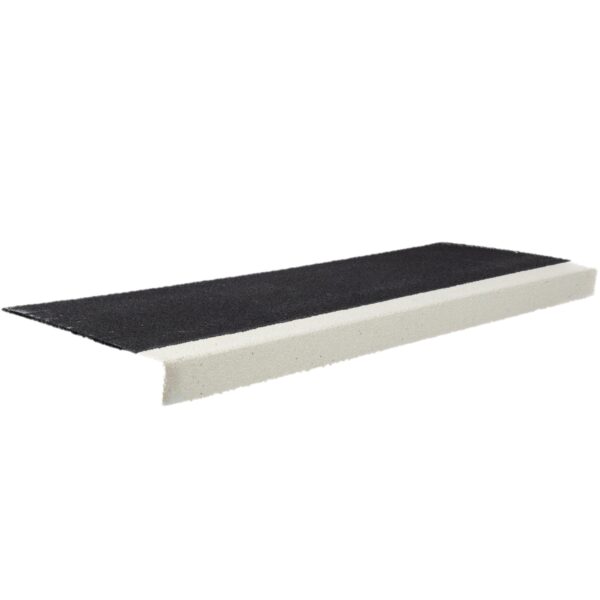 The Anti-Slip Stair Tread features a black, textured, non-slip surface on top with a white base and a nosing edge for enhanced grip and safety on stairs.