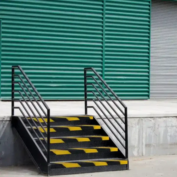 A small black metal staircase with yellow anti-slip stair nosing leads to a platform in front of a green corrugated metal wall and closed grey roller shutter door in an industrial or warehouse setting.