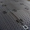 Close-up of the Heavy-Duty Ground Protection Mat’s dark metal surface, showing a chequer plate pattern with rectangular handles and elongated slots arranged in parallel rows.
