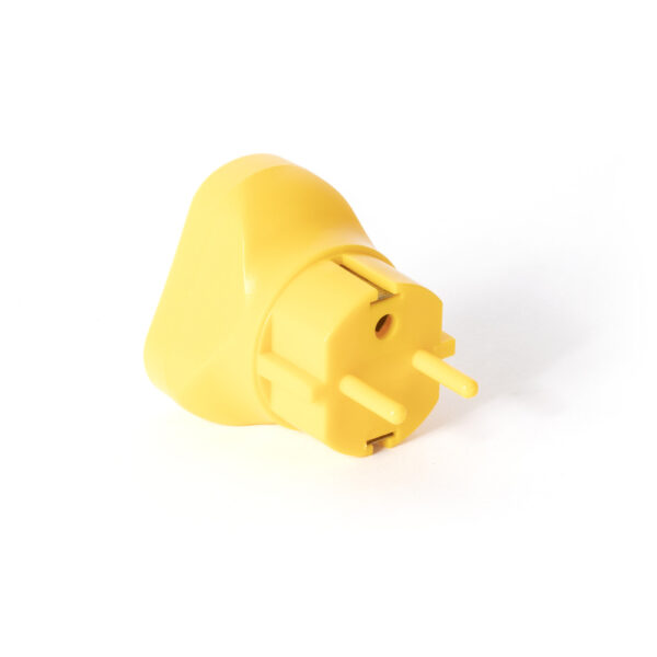 An Earth Bonding Plug with two round pins and a yellow body is lying on its side against a white background.