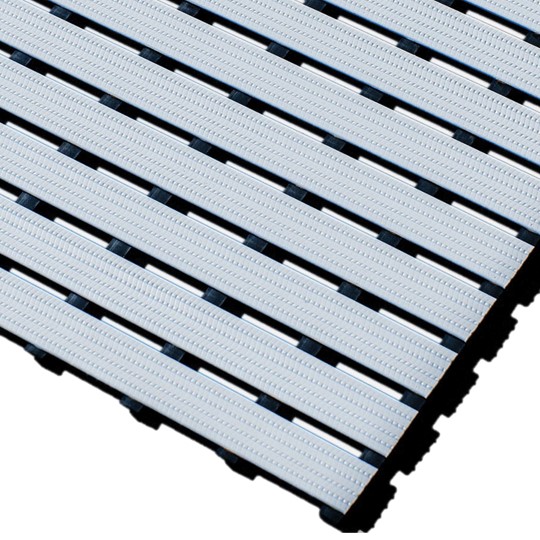 Close-up of the Cross-Ribbed PVC Leisure Mat, featuring a textured light grey surface with parallel slats and small gaps for water drainage and improved grip on wet surfaces.