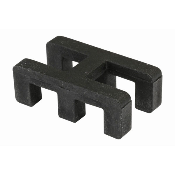 A black Self-Draining PVC Mat Connector, H-shaped with four legs on each side, resembling a heavy-duty support component, displayed against a white background.