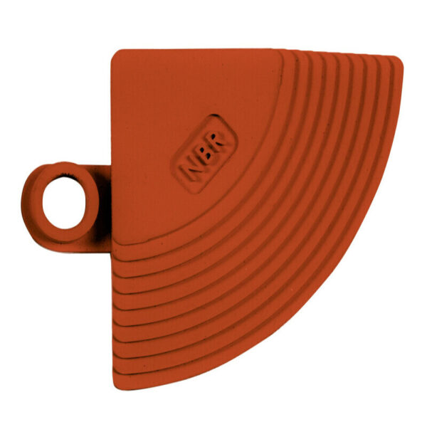 A red, quarter-circle-shaped Catering Mat Edge made of NBR rubber with a small loop on one side and multiple grooves along the curved edge, shown on a white background.