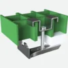 A J Clamp for Grating and Mini Mesh is secured to a green I-beam, highlighting its U-shaped bracket, screw, and mounting fittings on a white background.