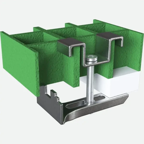 A J Clamp for Grating and Mini Mesh is secured to a green I-beam, highlighting its U-shaped bracket, screw, and mounting fittings on a white background.