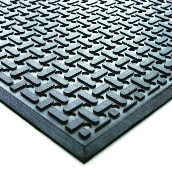 Close-up of the Nitrile Workplace Mat in black, featuring a thick, durable rubber construction with a raised interlocking pattern. Shown from an angled side view, ideal for flooring or anti-slip applications.