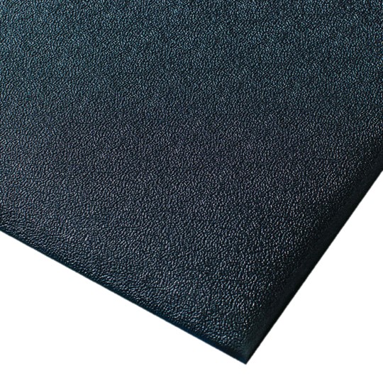 A close-up of the Standard Anti-Fatigue Mat shows its black, textured surface with a subtle pebbled finish, displayed at an angle against a plain background.