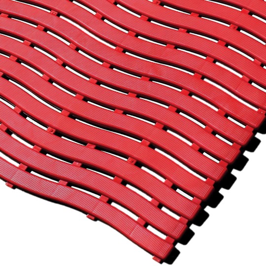 The Swimming Pool Mat features red interlocking plastic tiles with a wavy, slatted design, textured surfaces, and gaps between each slat, arranged diagonally.