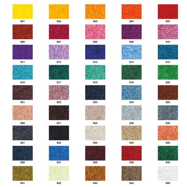 The Logo Entrance Mat colour chart features 50 rectangular swatches in five columns and ten rows, each with a three-digit code, displaying a range of solid and textured colours like yellow, red, blue, green, purple, brown, black, white, and grey.