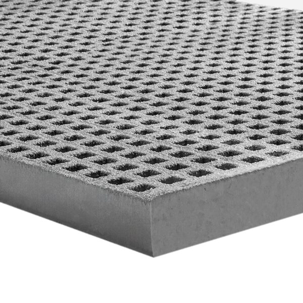 A close-up of Mini Mesh Grating, a grey metal sheet featuring a regular grid of square holes. The angled image highlights its perforated pattern, thickness, and textured surface.