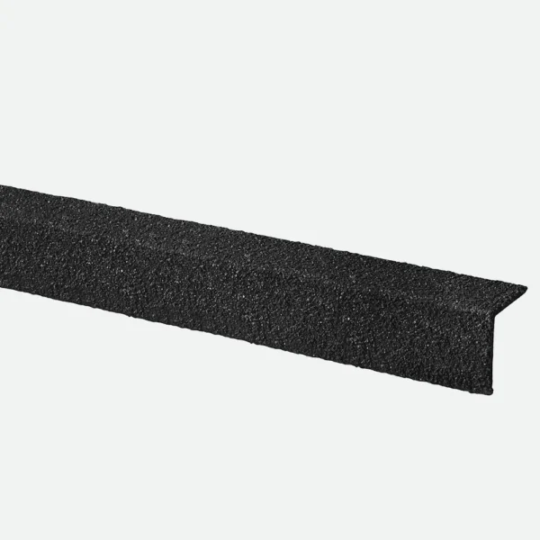 A black, L-shaped Anti-Slip Stair Nosing is shown against a plain white background. Its metal surface features a textured, granular finish for enhanced grip.