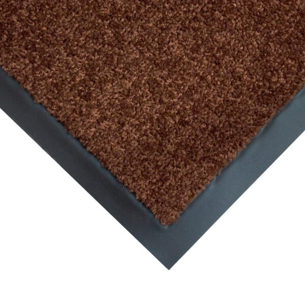 Close-up of the corner of the Plush Entrance Mat, featuring a brown textured surface and black rubber border, shown against a white background.