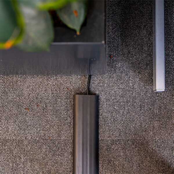 A black cable runs along a grey carpet, covered by a PVC Cable Protector, next to the leg of a table and a potted plant with green leaves.