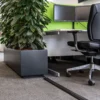Office workspace with a black desk chair, dual monitors, large green partition, and tall leafy plant in a planter next to the desk on carpeted floor, featuring a PVC Cable Protector for organised cable management.