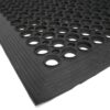 A close-up of the Large Front Door Mat Bundle shows its black rubber surface with circular holes and a textured, angled edge against a white background.