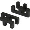 Two black, rectangular Self-Draining PVC Mat Connectors with prongs facing different directions are shown interlocked on a white background.