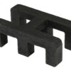 A black self-draining PVC mat connector made of plastic with six legs and two parallel top bars, forming a capital H shape.