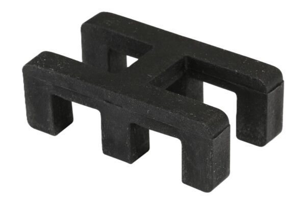 A black self-draining PVC mat connector made of plastic with six legs and two parallel top bars, forming a capital H shape.