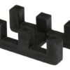 Black, rectangular Self-Draining PVC Mat Connector with four upright, evenly spaced square prongs featuring small circular indentations on top, used for organising or separating mat components.